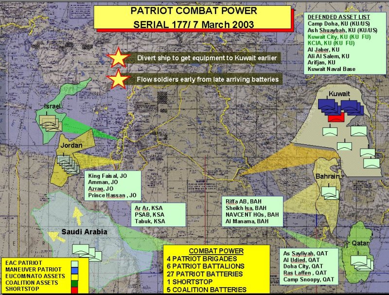 Patriot air defense Combat Power operational map, 7 March 2003