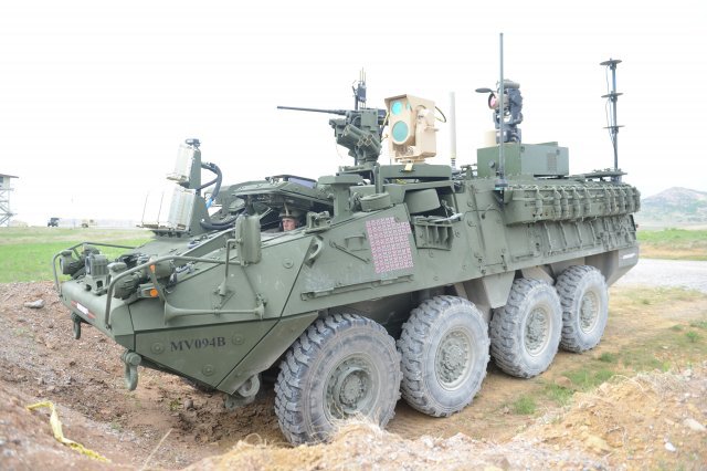 US Army MEHEL directed-energy counter-drone system mounted on a Stryker vehicle at Ft. Sill