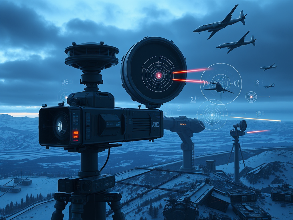 Air defense radar system targeting aircraft in a Nordic landscape