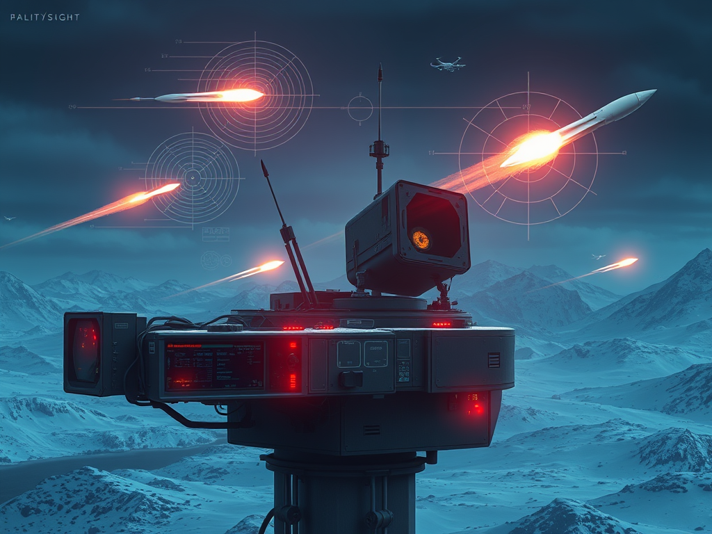 Air defense systems firing missiles over a Nordic landscape