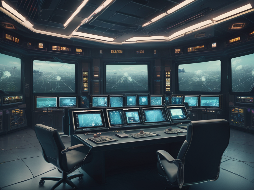 Futuristic air and missile defense command center with large operational screens
