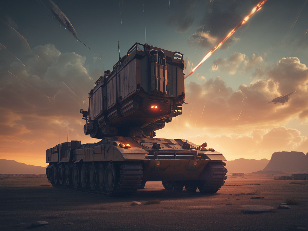 Mobil launcher avfyrer missiler ved solnedgang