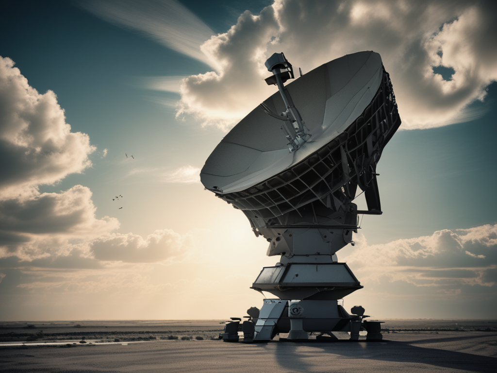 Air defense system firing red energy beams at an aerial threat