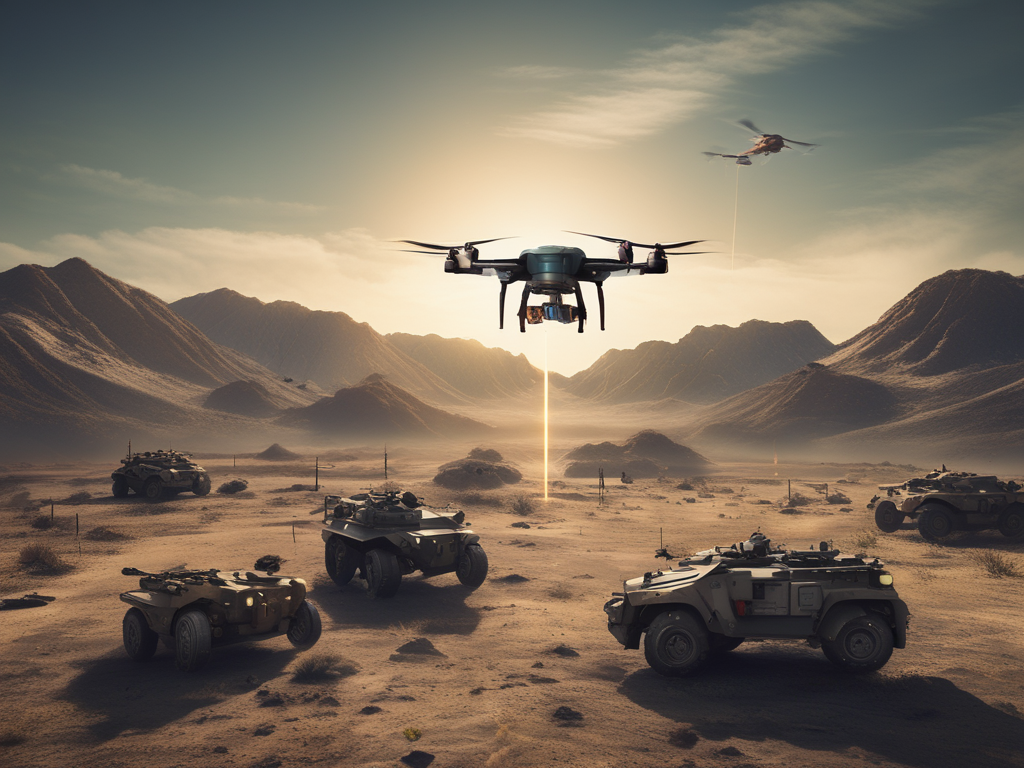 Militær drone svever over ørkenkjøretøy ved solnedgang