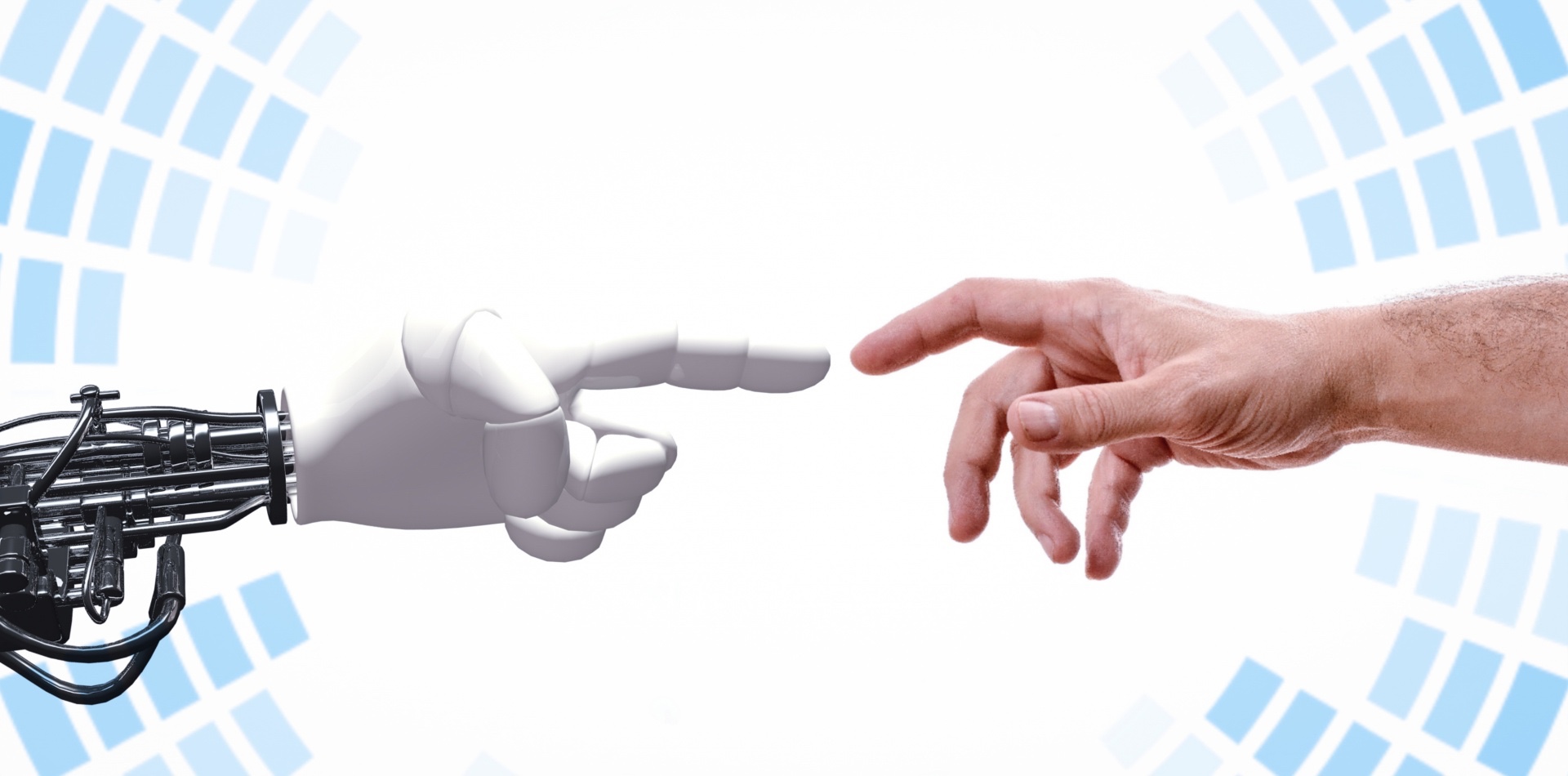 Menneskehånd og robotisk hånd berører hverandre – AI-samarbeidstema