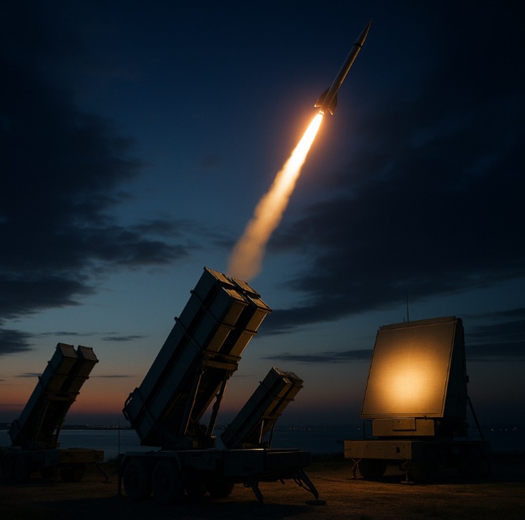 Mobile air defense system launching a missile at twilight