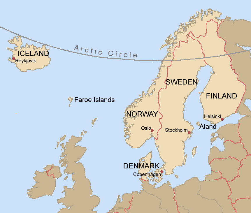 Map of Nordic NATO countries: Norway, Sweden, Finland, Denmark and Iceland