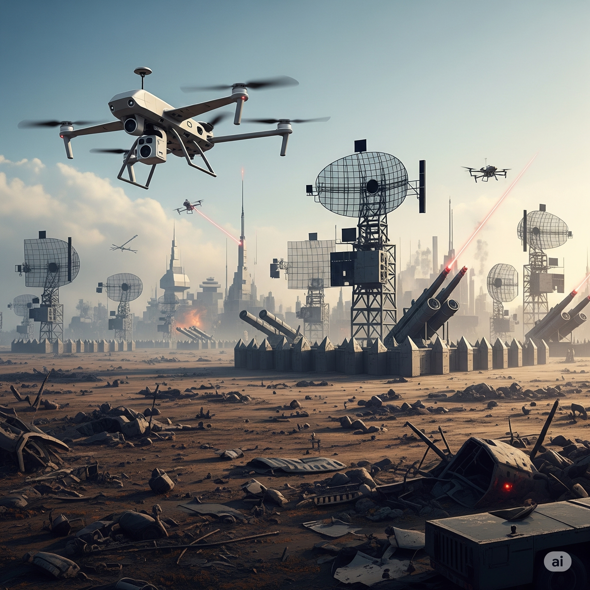 Futuristic drones and defense systems over a ruined cityscape