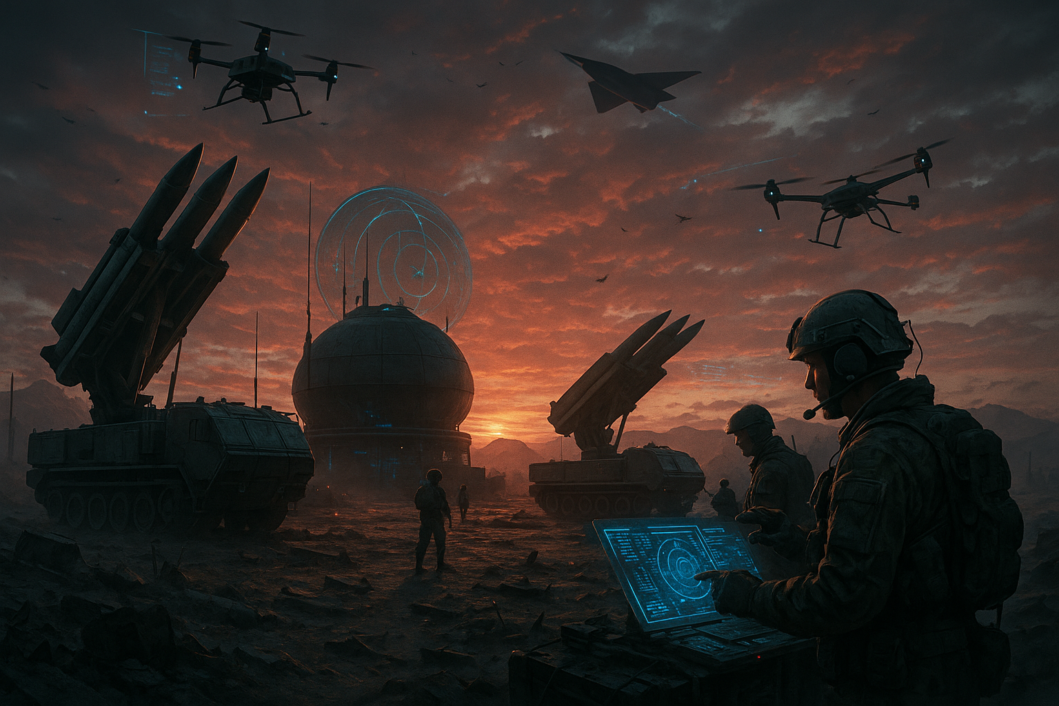 Air defense command post with drones and soldiers at sunset