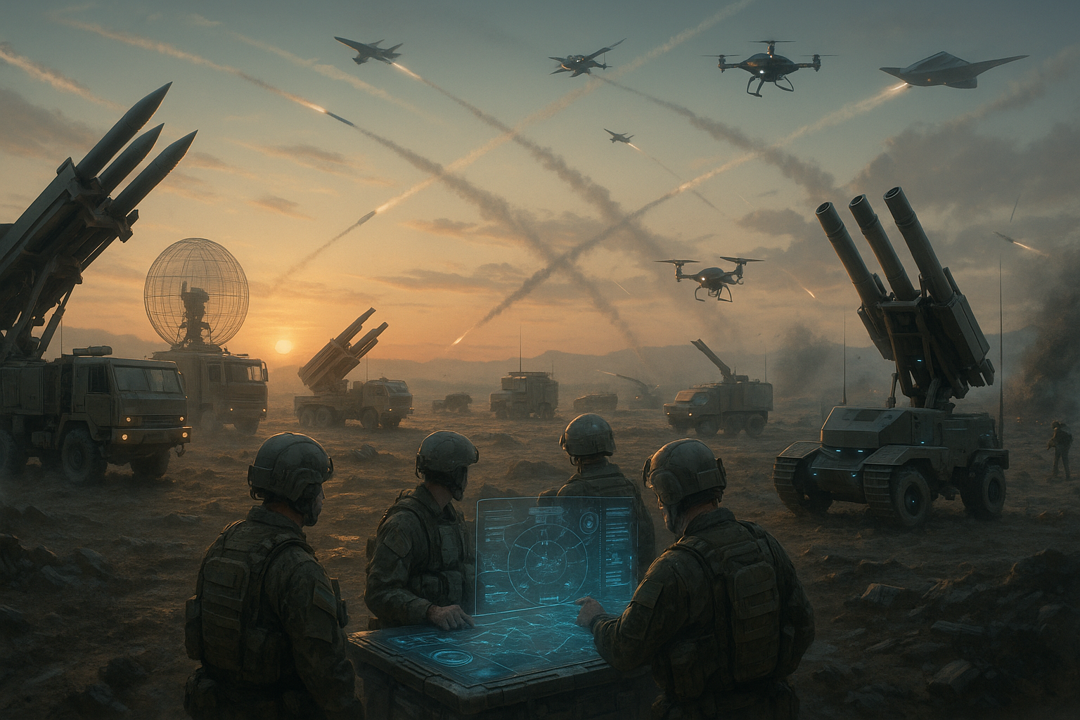Military personnel operating air defense systems with drones at sunset