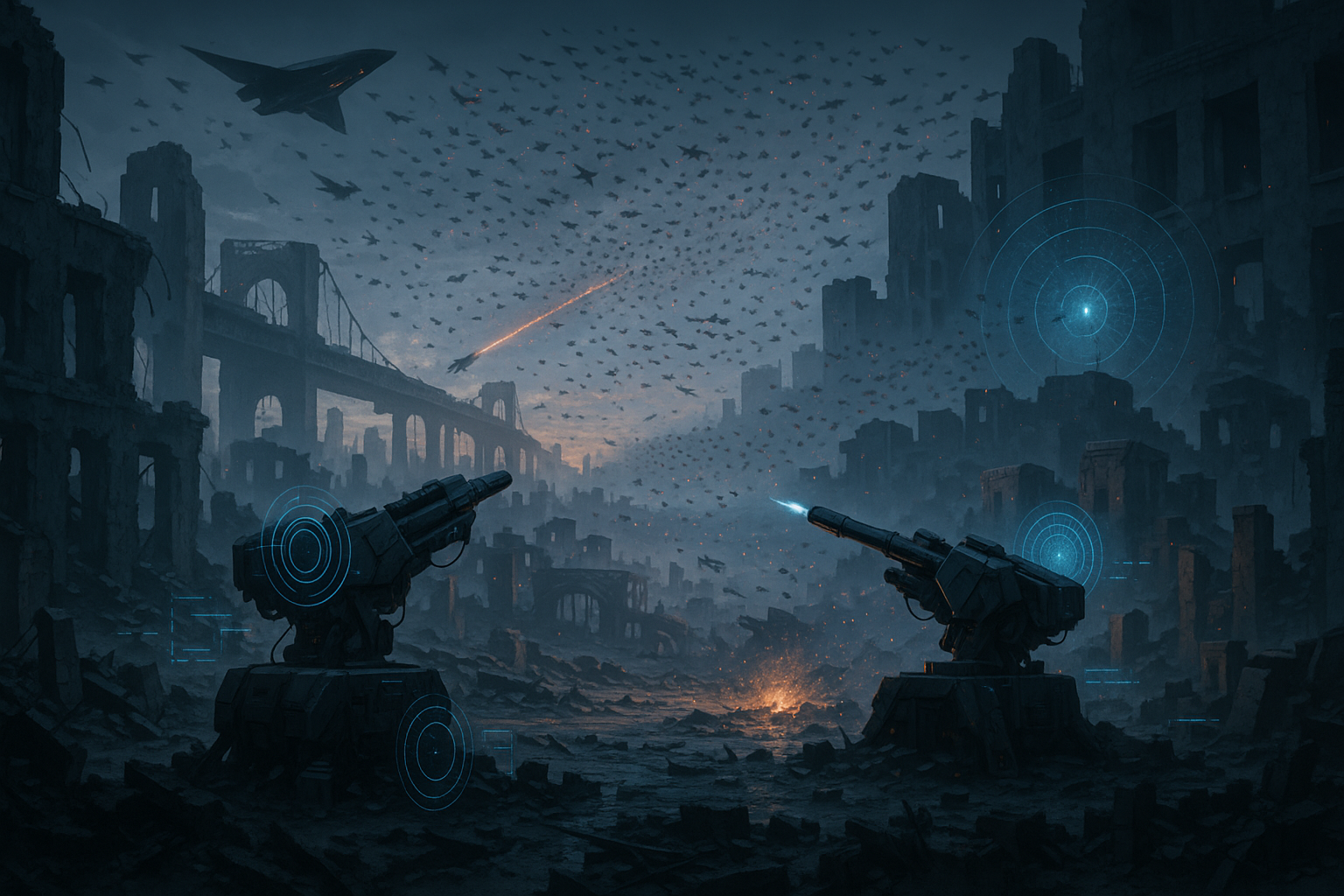 Air defense systems firing over a destroyed urban landscape