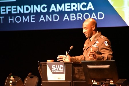 US military officer at a podium presenting the national air and missile defense strategy