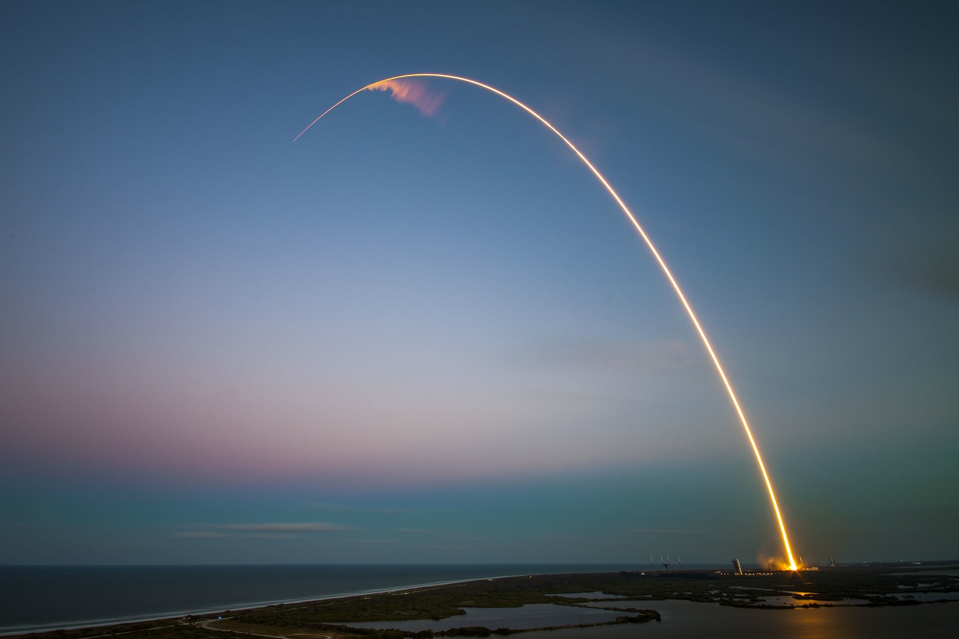 Ballistic missile launch arc long-exposure photograph