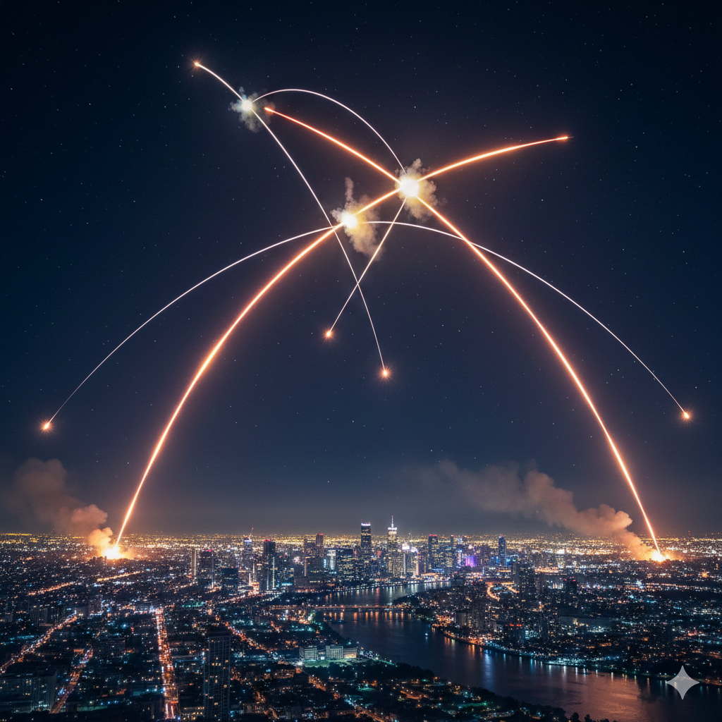 Surface-to-air missiles firing over a city at night