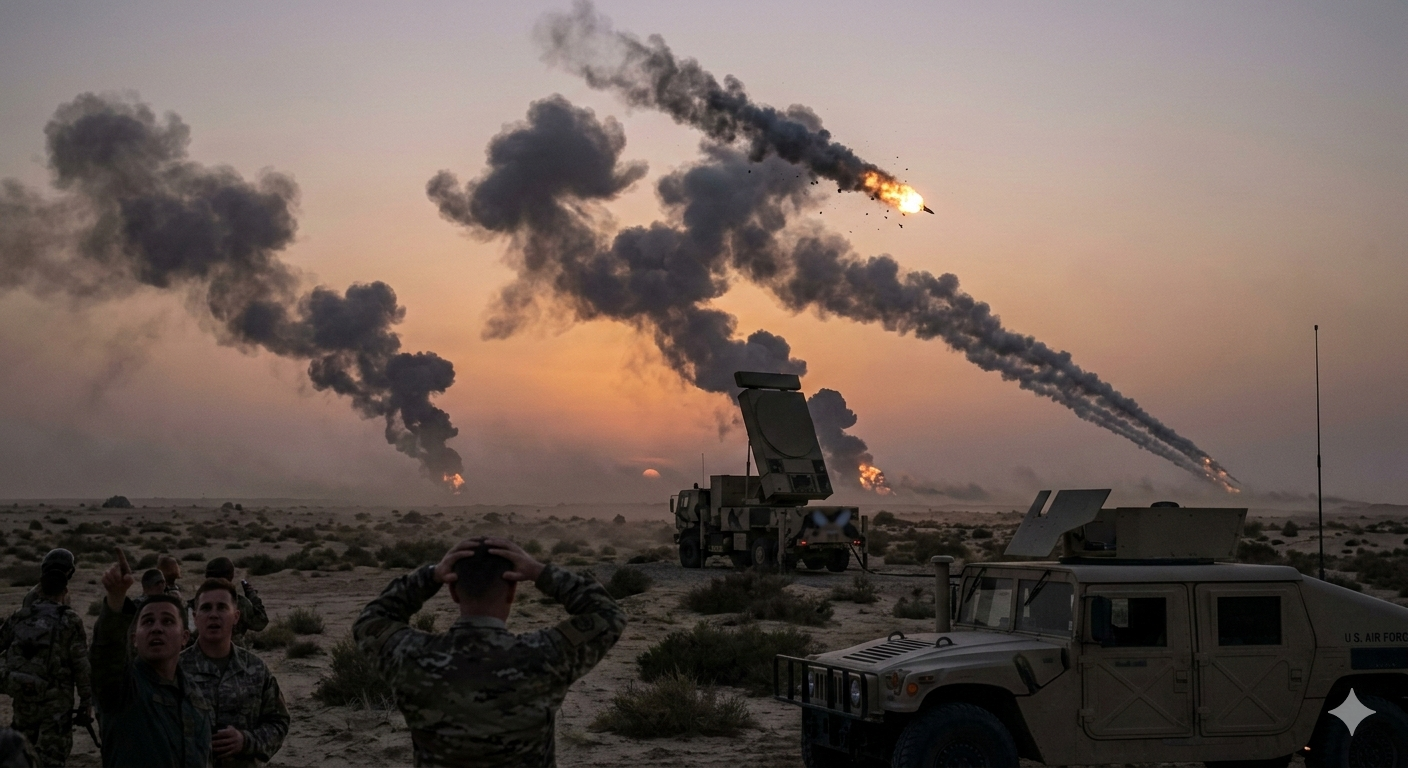 Patriot missiles firing at sunset with soldiers observing